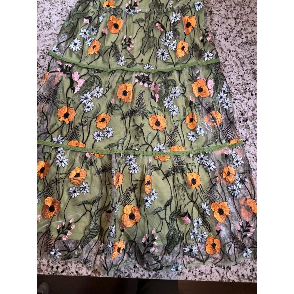 Womens JessaKae Floral Embroidered Mesh Midi Dress Green Orange Size L - Picture 7 of 15